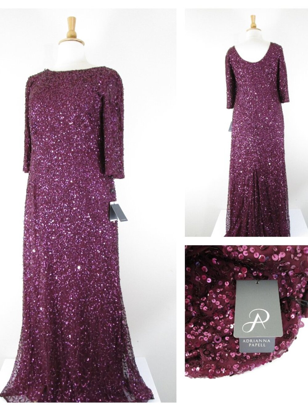 Adrianna Papell Plus Size Burgundy Plum Sequined Mermaid Formal Gown 16W